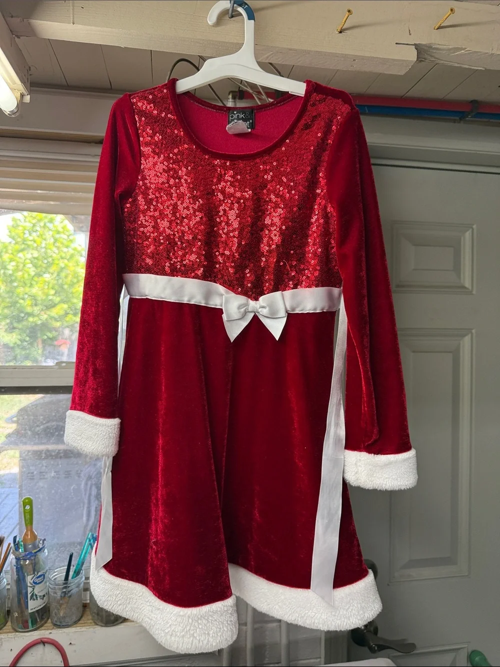 Girls' Red Velvet Sequin Holiday Dress with Satin Bow
